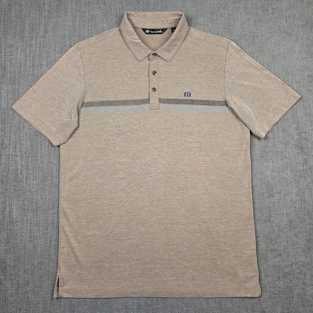 Travis Mathew Mens Polo Shirt Sz Large L Tan Brown Heathered Chest Stripe Golf